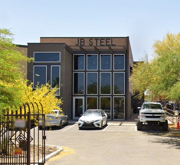 Modern outdoor building at J.B. Steel’s home office in Tucson, Arizona.