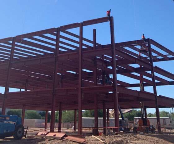 Steel framework of the Texas Instruments industrial building project in Dallas, Texas, handled by J.B. Steel.